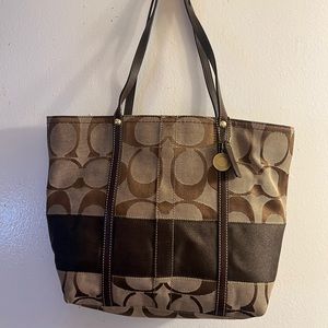 Y2K vintage COACH Signature Stripe Tote Bag (Brown/Tan) 767- 11098